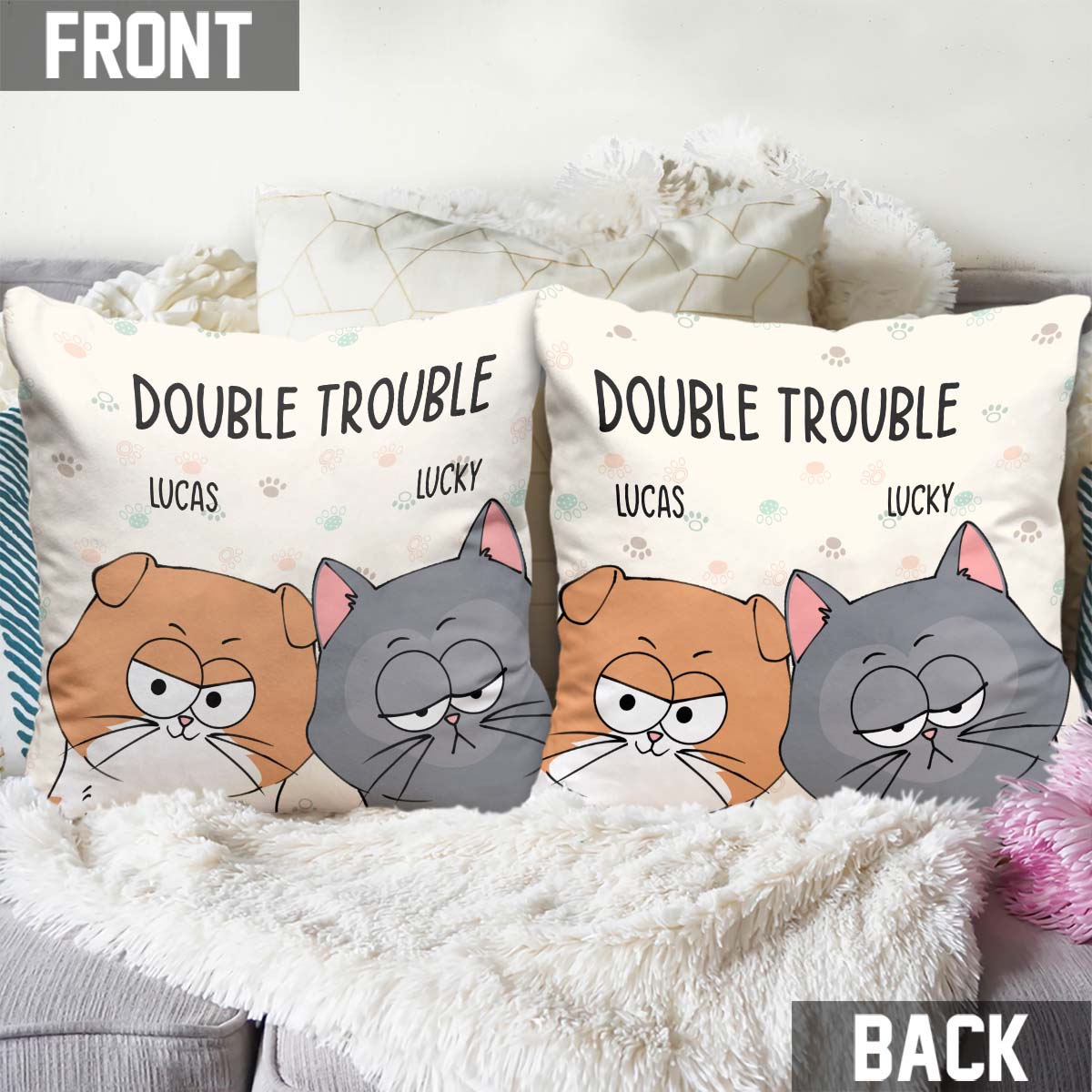 Double Trouble - Personalized Cat Throw Pillow