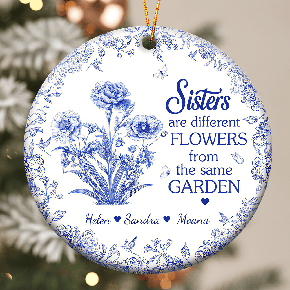 Sisters Ceramic Ornament with Blue Flower Pattern, Sentimental Home Décor and Gift-Ready Keepsake