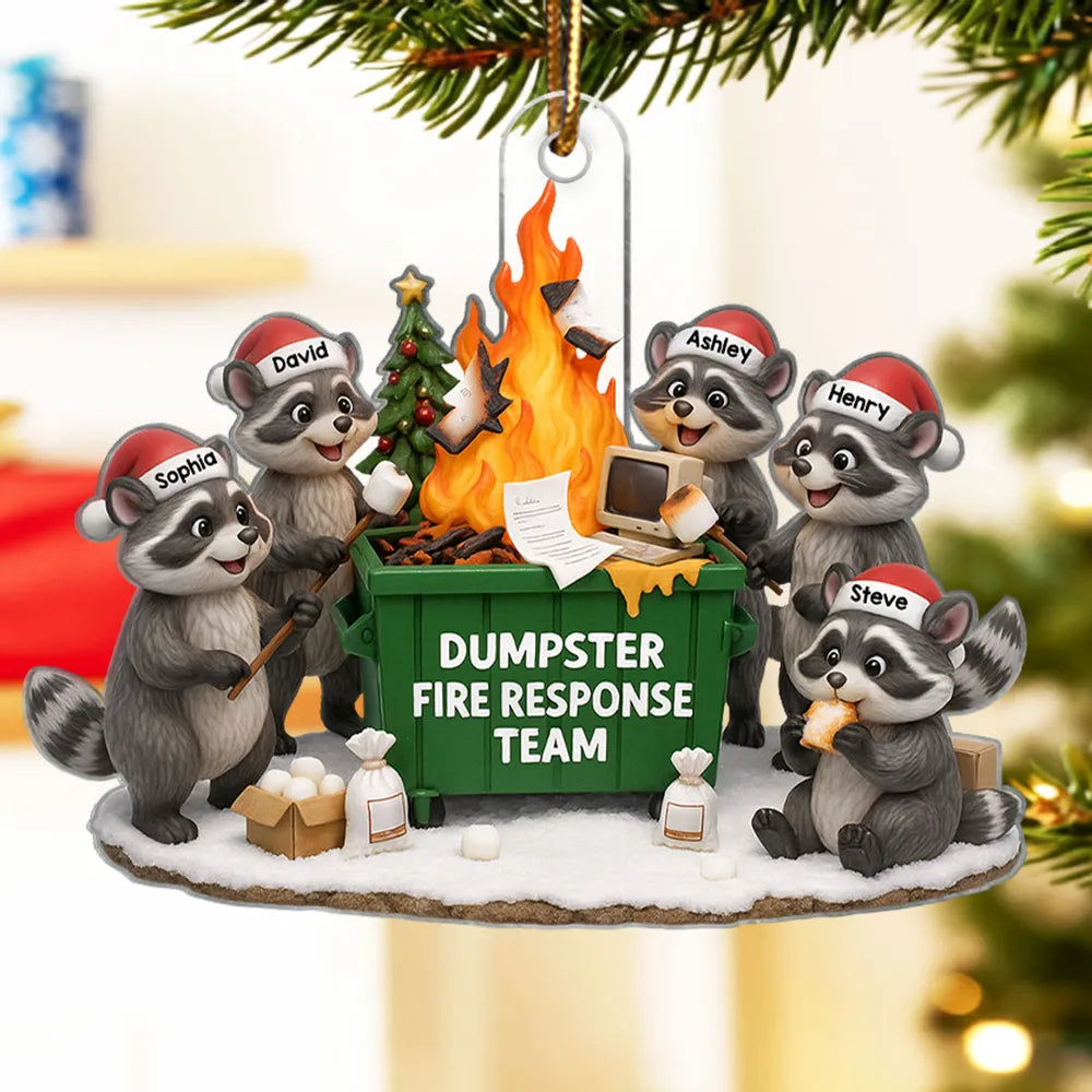 Custom Raccoon Dumpster Fire Response Team Acrylic Ornament, Hilarious Office Christmas Gift and Festive Home Decor