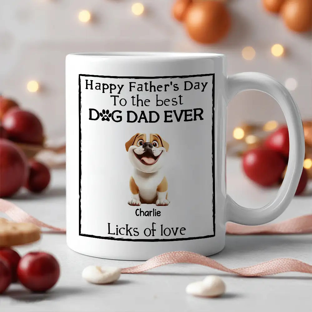 Happy Father’s Day Mug – Cartoon Dogs Sitting Together with Licks of Love – Personalized Gift for Dog Dads