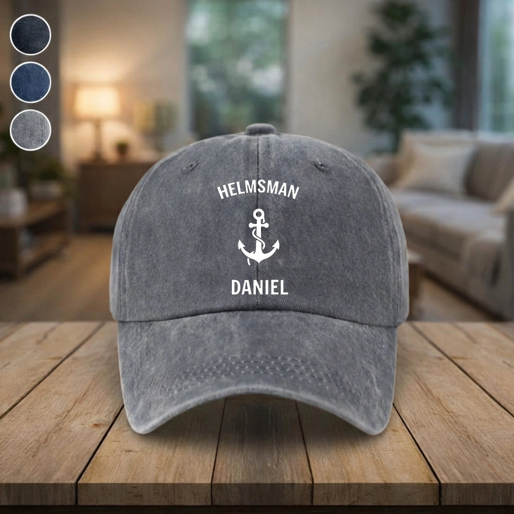 Personalized Washed Denim Baseball Cap with Anchor Icon, Nautical Vintage Look, Unique Gift for Sailors & Dads