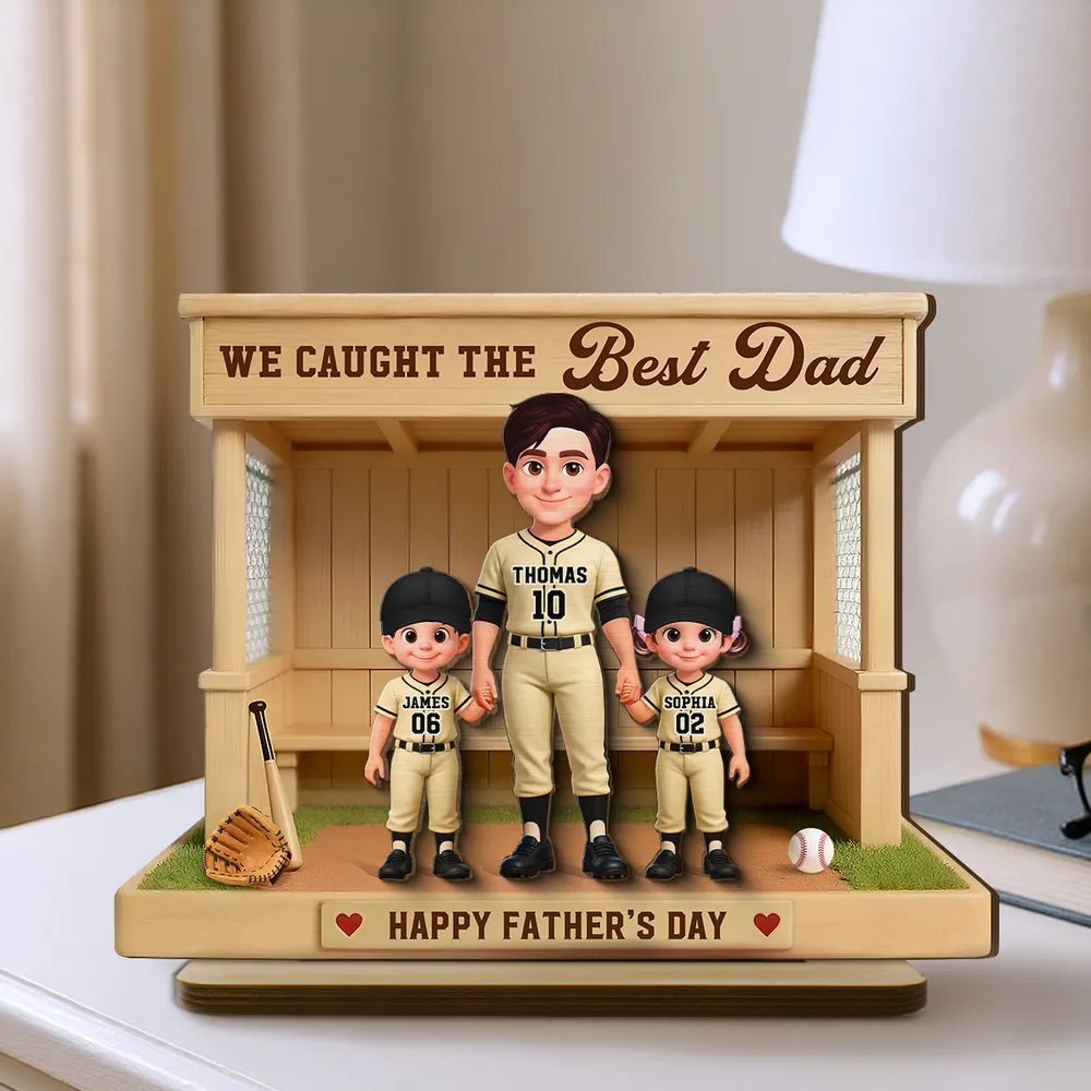 Personalized 2-Layer Wooden Plaque Baseball Dugout Dad and Kids Scene, Father's Day Gift with Heartfelt Message