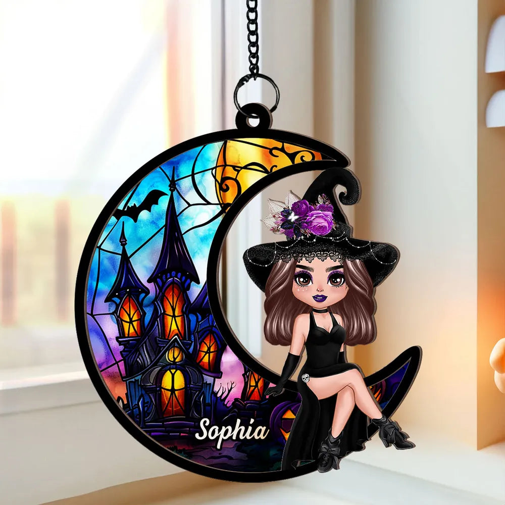 Wood and Acrylic Layered Ornament – Whimsical Moonlight Witch Design, Perfect Gift for Halloween Lovers