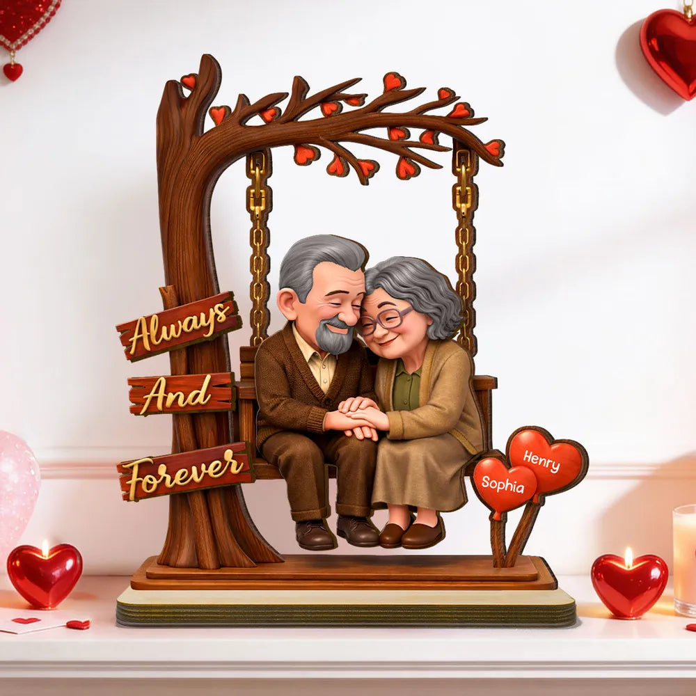 Personalized 2-Layer Wooden Plaque with Elderly Couple Holding Hands Under Heart Tree, Always And Forever Unique Gift