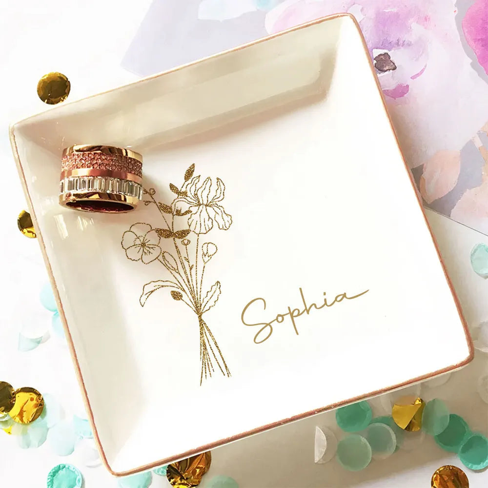 Elegant Jewelry Dish Personalized with Name, Minimal Gold Bouquet Vanity Catchall, Thoughtful Sentimental Gift