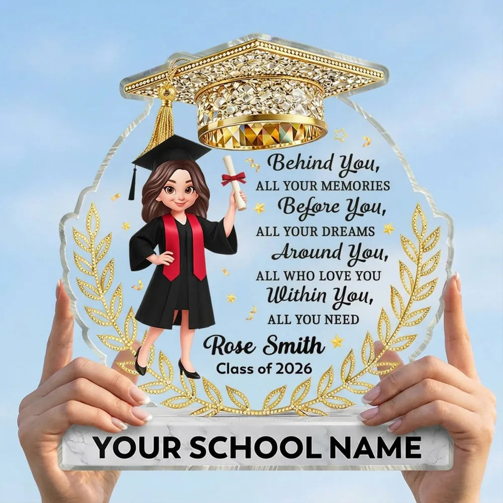 Personalized Shaped Acrylic Block Plaque Graduation Girl With Cap Quote, Unique Keepsake Gift for Grad, Shiny Gold Look Decor