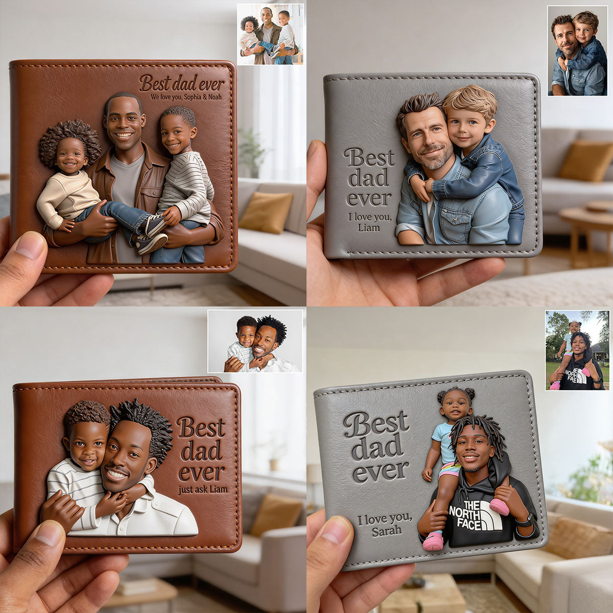 Custom 3D Photo Embossed Leather Wallet for Black Dad- Personalized Best Dad Ever Bi-fold Wallet, Custom Father's Day Gift
