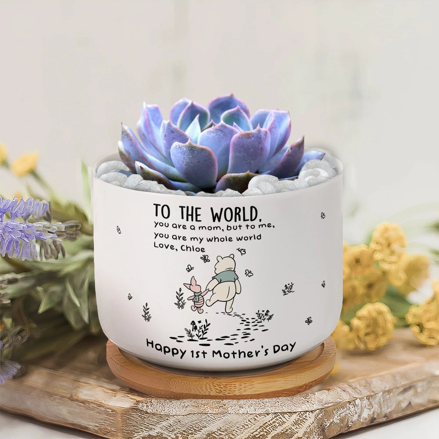 Ceramic Planter with Tray Personalized Gift, Winnie the Pooh Style Mom Quote for Cozy Window Decor, Unique Plant Lover Gift