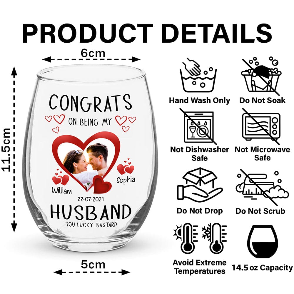 Personalized Couple Wine Glass with Photo & Hearts Congrats on Being My Husband Unique Romantic Gift