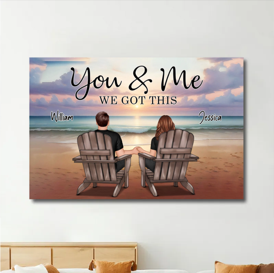 Couple Sitting Realistic Beach Landscape - Personalized Poster, Keychain, Plaque, Ornament and Pillow, Unique Gift
