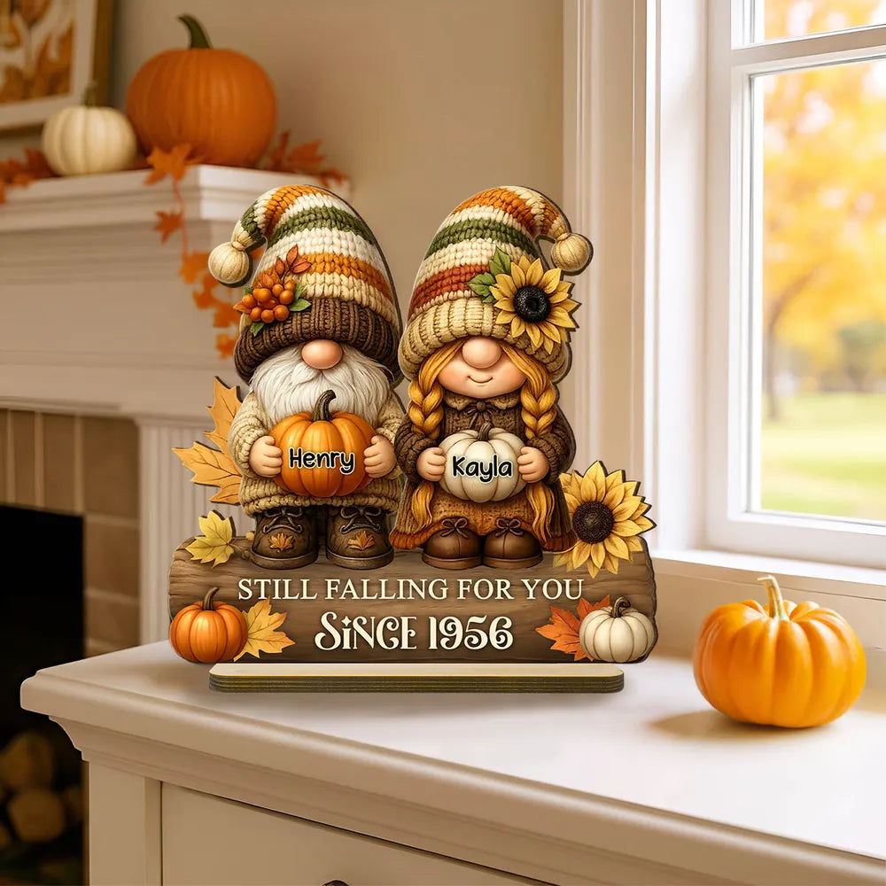 Gnome Couple Wooden Plaque, Customizable Fall Pumpkins and Sunflowers, Romantic Keepsake for Home, Unique Couple Gift