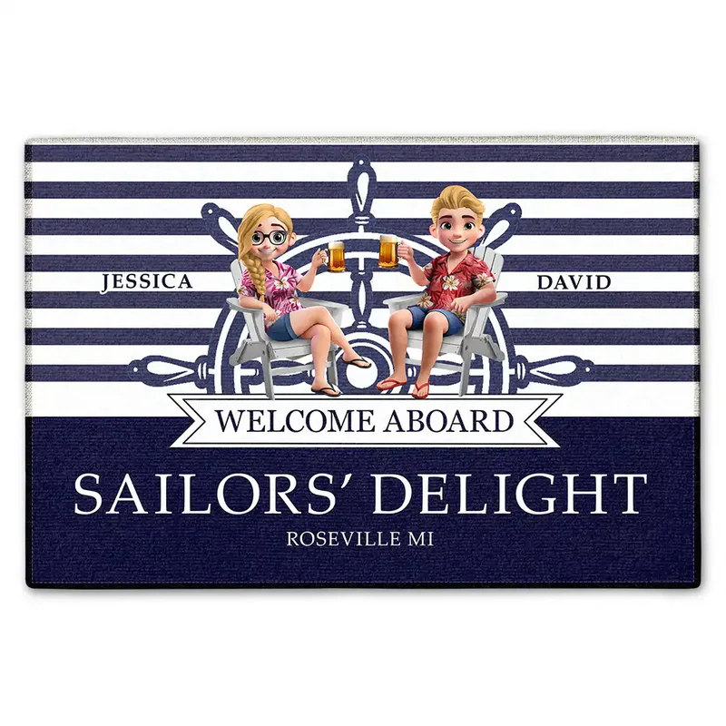 Welcome Aboard Personalized Standard Doormat for Boat Lovers, Cozy Coastal Entryway Vibe with Relaxing Couple Art, Unique Gift Idea