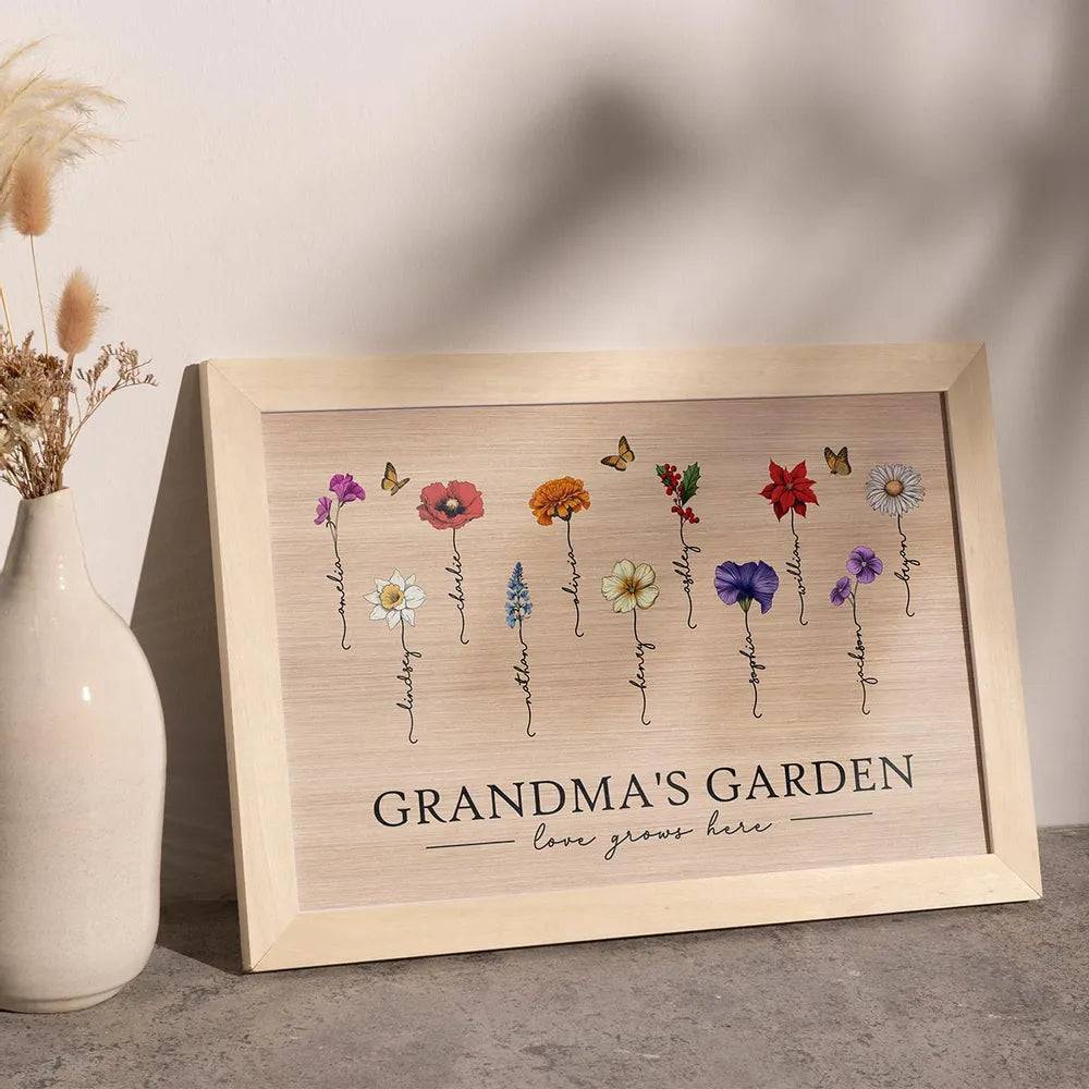 Grandma's Garden Love Grows Here Beautiful Birth Month Flower Gift For Grandma Mom Personalized Doormat or Poster or Canvas, Keychain, Plaque, Wallet Card