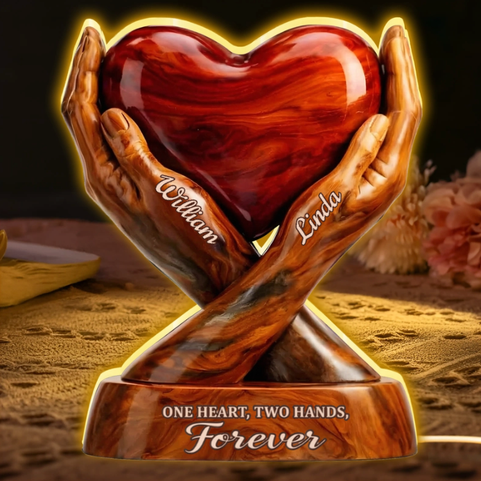 Shaped Acrylic Block Plaque with Heart Held by Two Hands, 'One Heart, Two Hands, Forever' Love Memory, Thoughtful Gift
