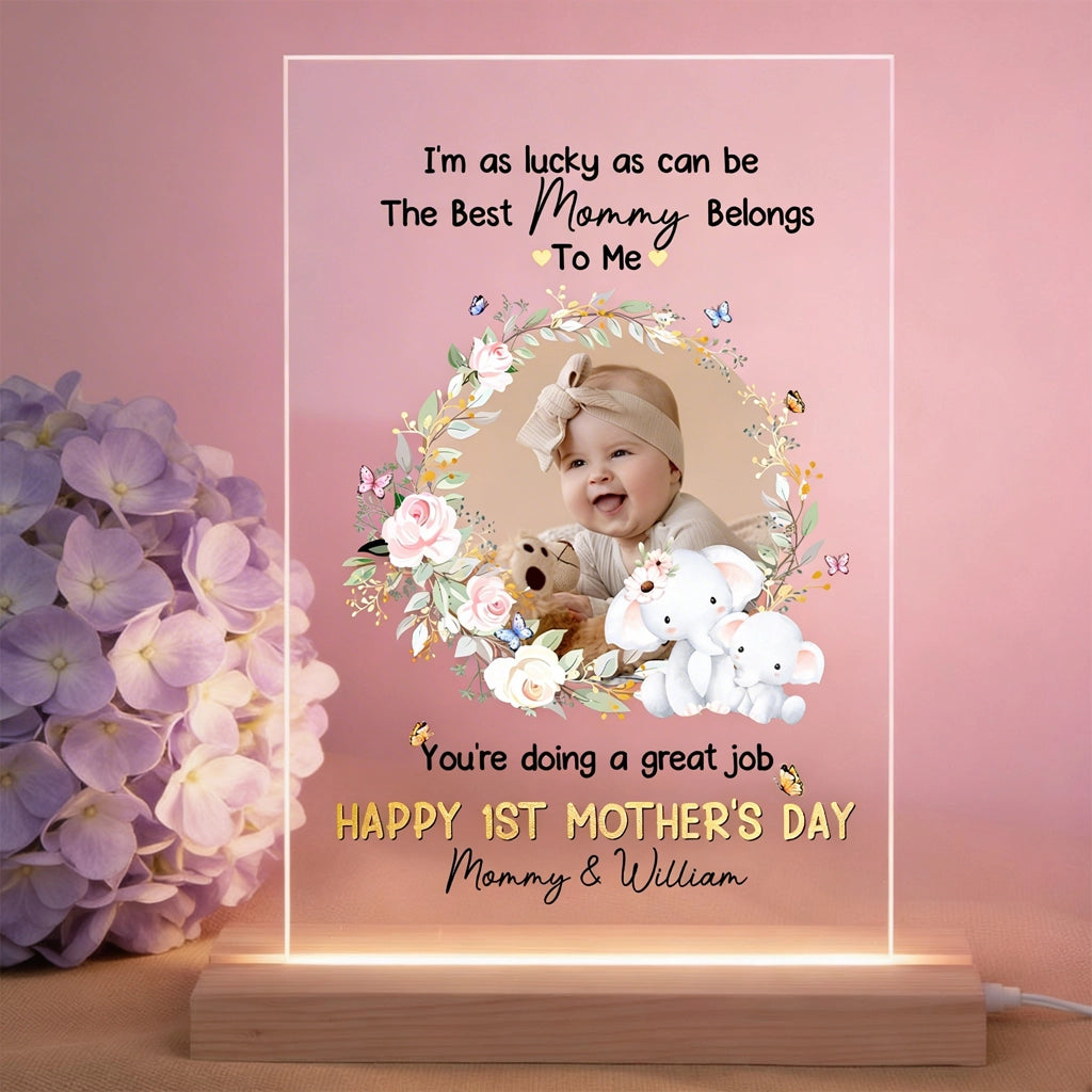 Personalized LED Light Plaque with Baby Photo and Sweet Elephant Floral Wreath, Mother's Day Gift for Mom, Cozy Ambient Glow
