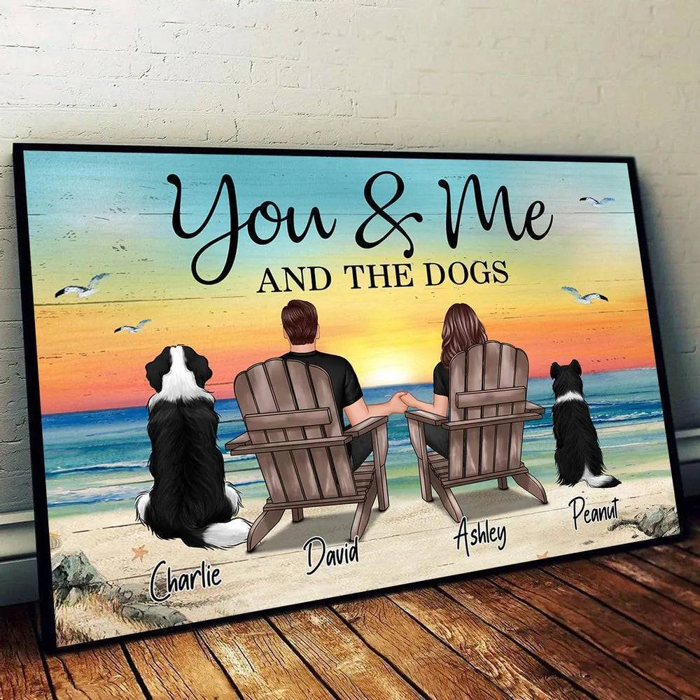 "You & Me – Custom Couple Poster with Pets, Personalized Beach Scene, Romantic Gift for Couples"