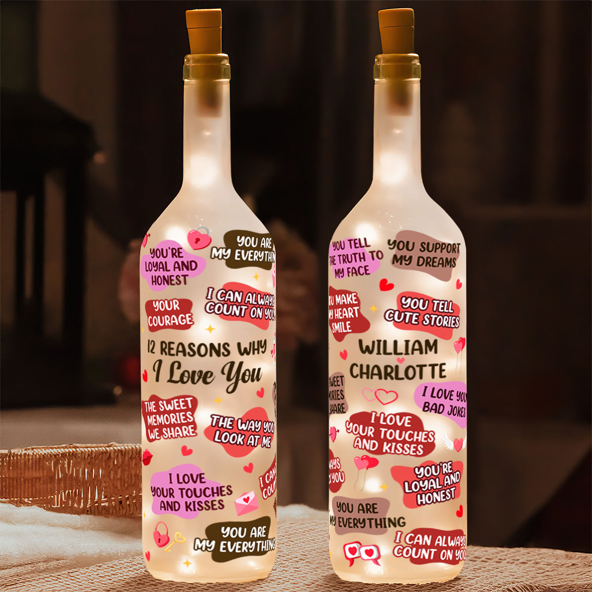 Personalized Bottle Lamp with 12 Reasons I Love You, Soft Warm Glow Bedroom Light, Unique Romantic Gift for Couples