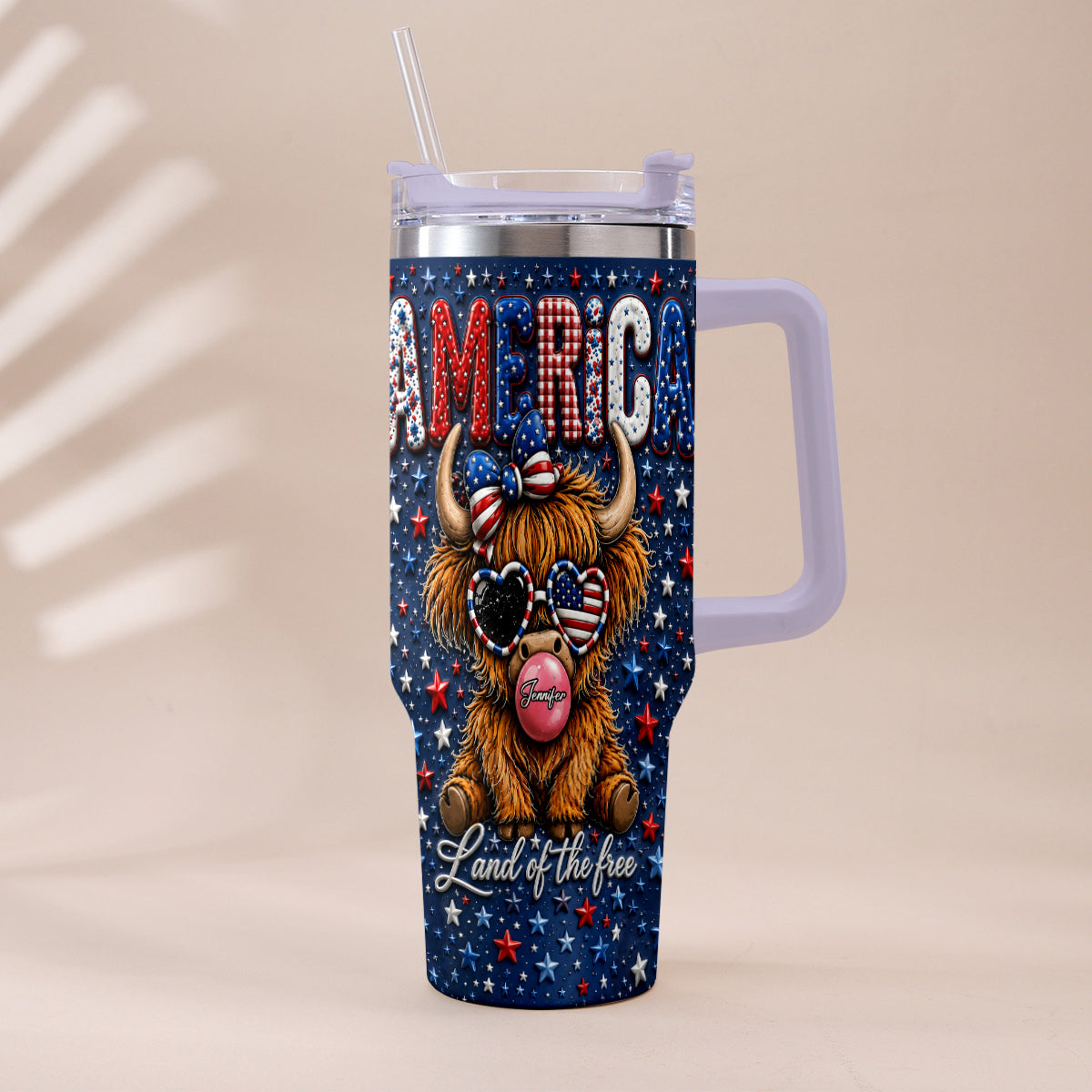 Land Of The Free - Personalized Highland Cow Tumbler With Plush Charm