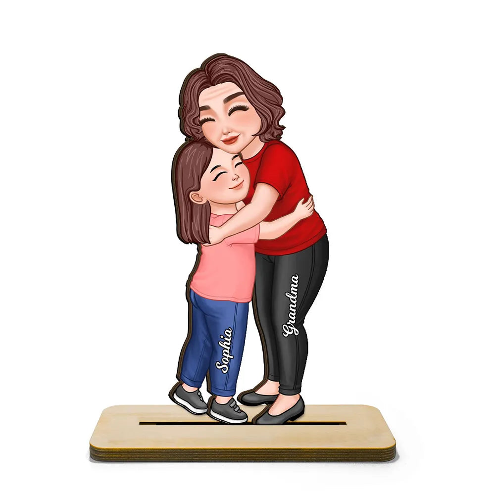 Wooden Plaque Personalized Hugging Grandma & Grandkid Freestanding Decor, Warm Cartoon Style, Unique Gift for Grandma