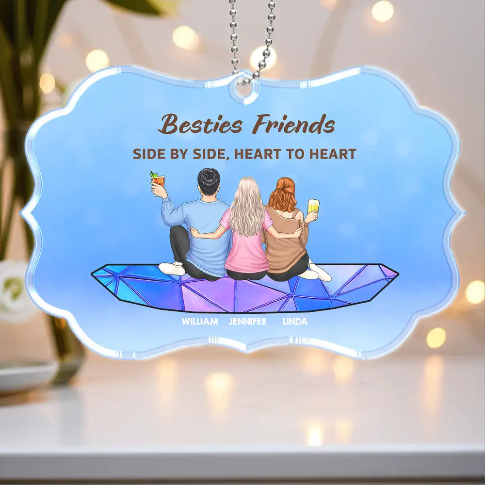Personalized Friends Sitting On The Moon Ornament – Back View Hanging Suncatcher Gift for Friends, Sisters, or Siblings