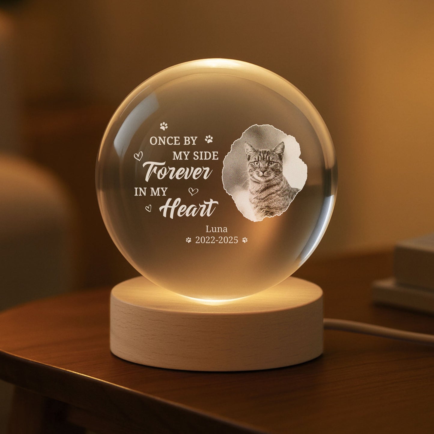 Personalized Pet Memorial Globe Lamp with Photo Engraving – Custom Dog or Cat Crystal Light, Forever in My Heart Remembrance Gift