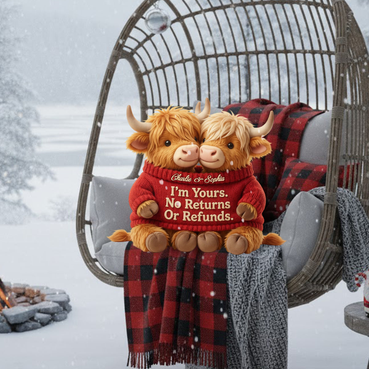 I'm Yours. No Returns Or Refunds - Personalized Highland Cow Faux Fur Shaped Pillow
