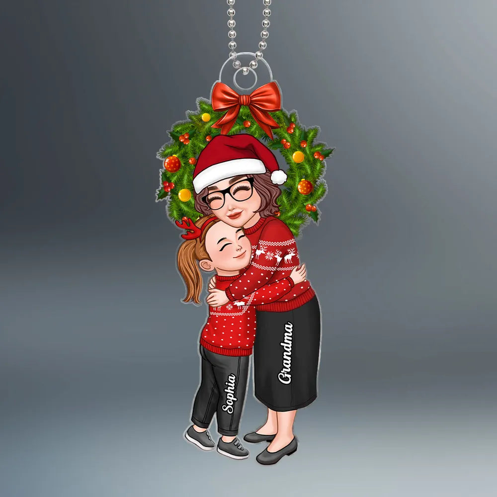 Grandma or Grandpa Hugging Grandchild Inside Wreath Personalized Ornament, Heartfelt Christmas Gift for Grandparents