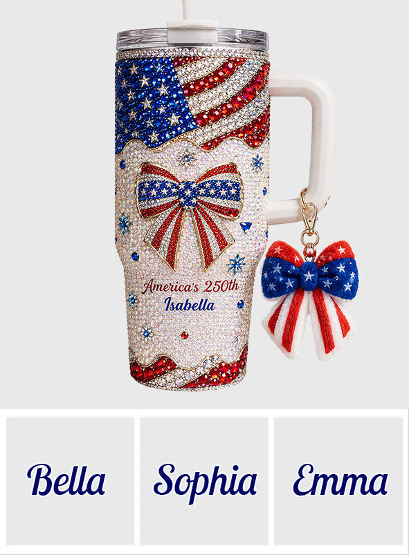 America's 250th Bow - Personalized Independence Day/ 4th of July Rhinestone Tumbler With Plush Charm