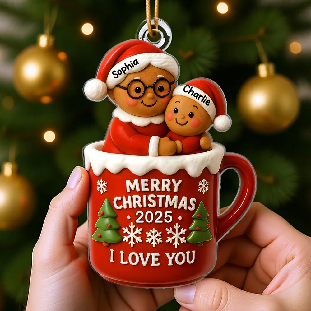 Acrylic Ornament with Grandma and Child in Red Christmas Mug, Festive Holiday Décor and Perfect Gift for Family