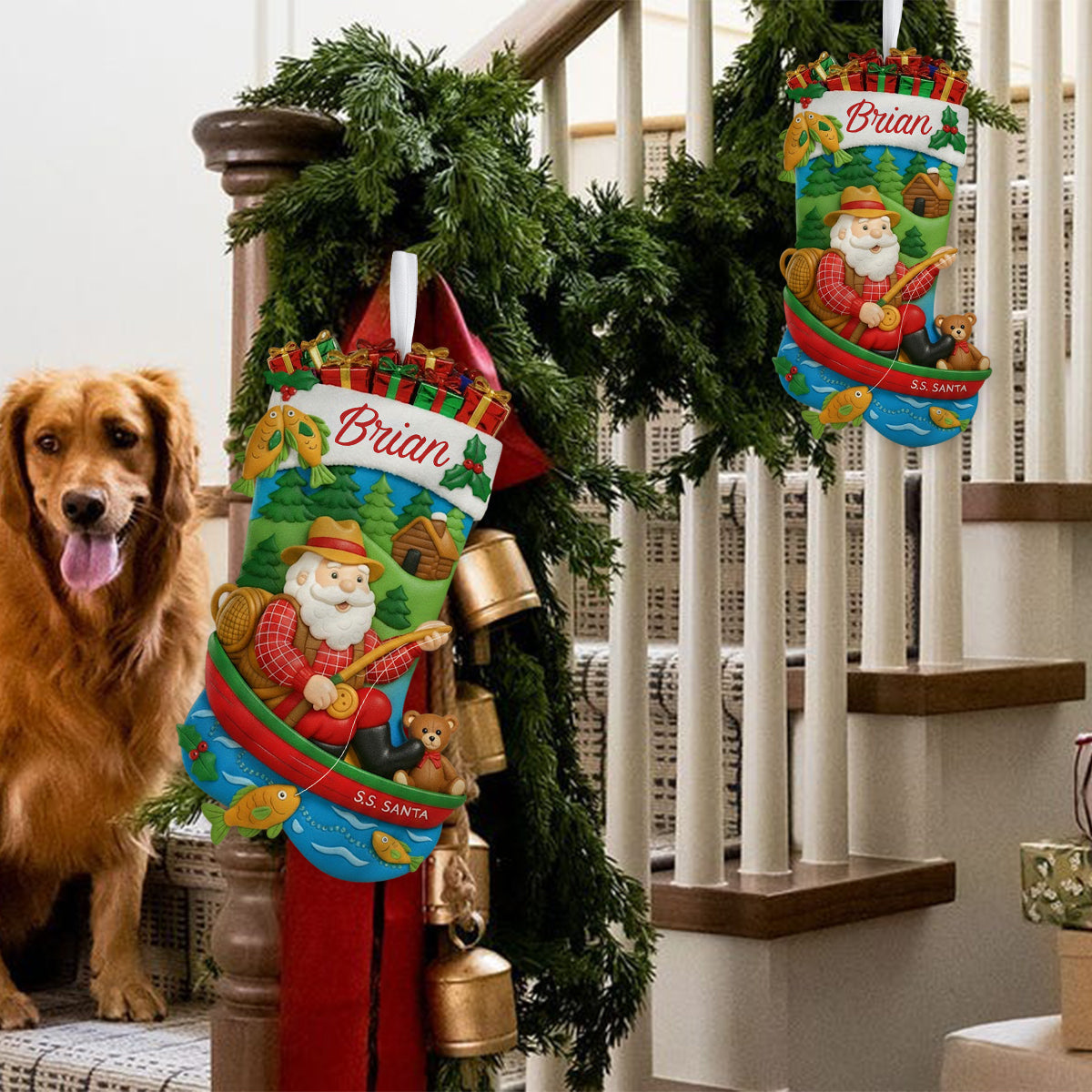 Christmas Santa Fishing - Personalized Fishing Shaped Christmas Stocking