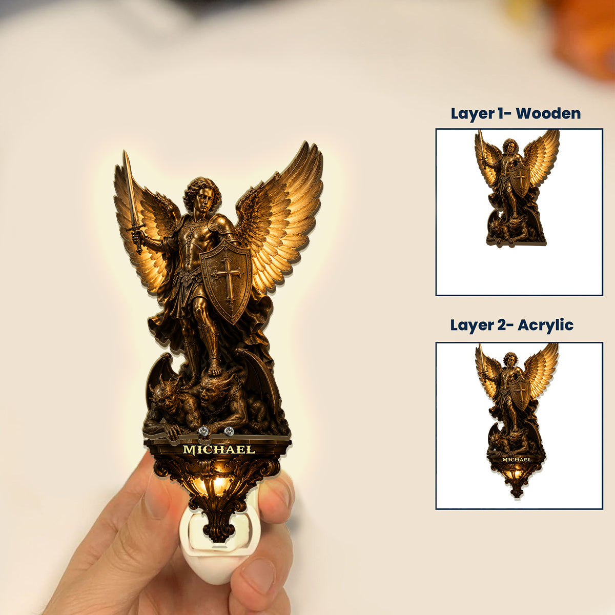 Archangel Michael, Guardian Of Light & Valor - Personalized Christian Plug-In Night Light