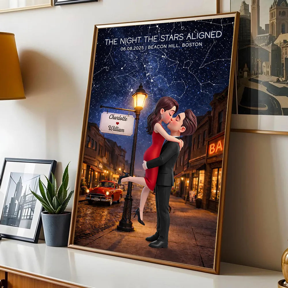 Personalized Star Map Couple Kissing Poster for Anniversary Decor, Night the Stars Aligned, Unique Gift for Couple