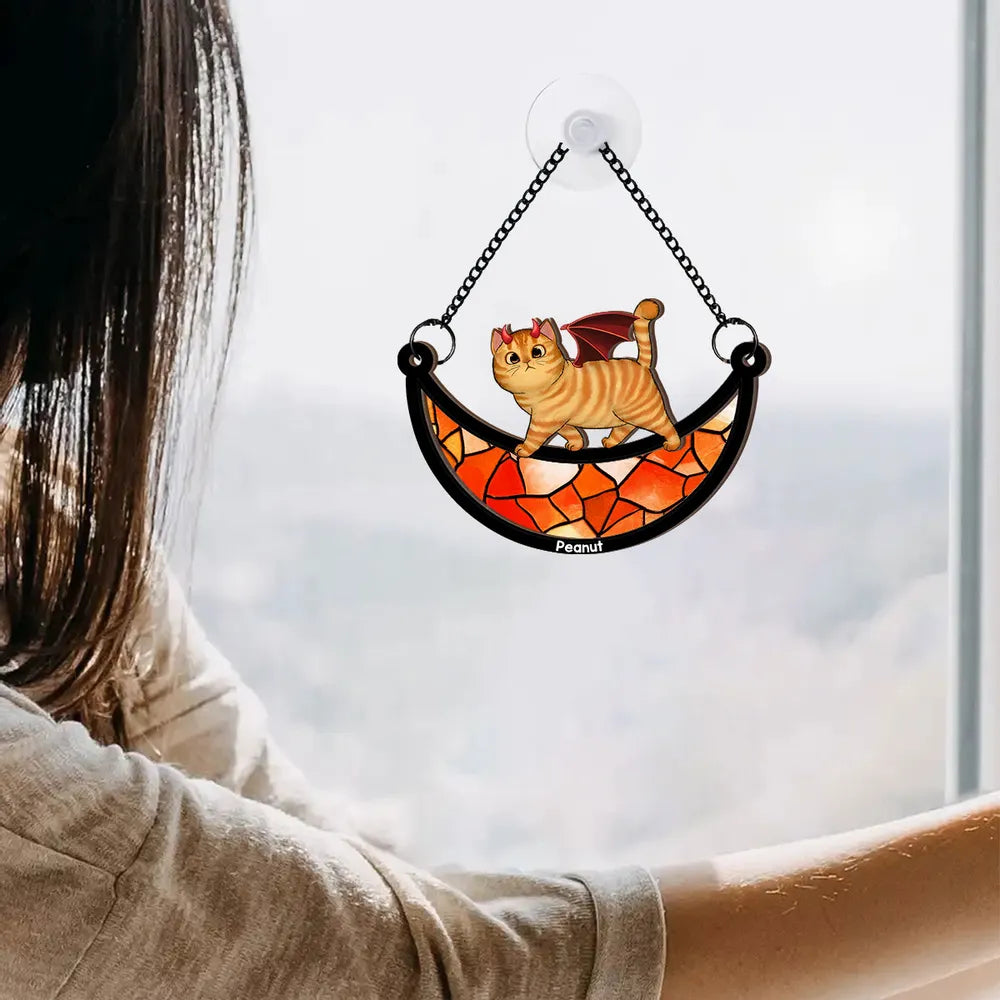 Wood and Acrylic Layered Ornament – Charming Cat with Cape & Hat, Chain-Hanging Moon Keepsake for Cat Lovers