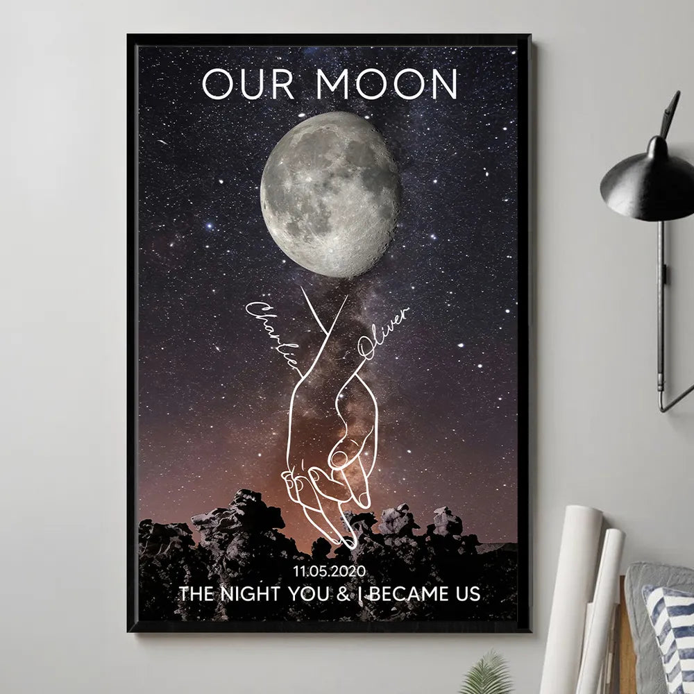 Personalized Moon Phase Poster, Couple Holding Hands Line Art on Starry Sky Wall Art, Unique Romantic Gift