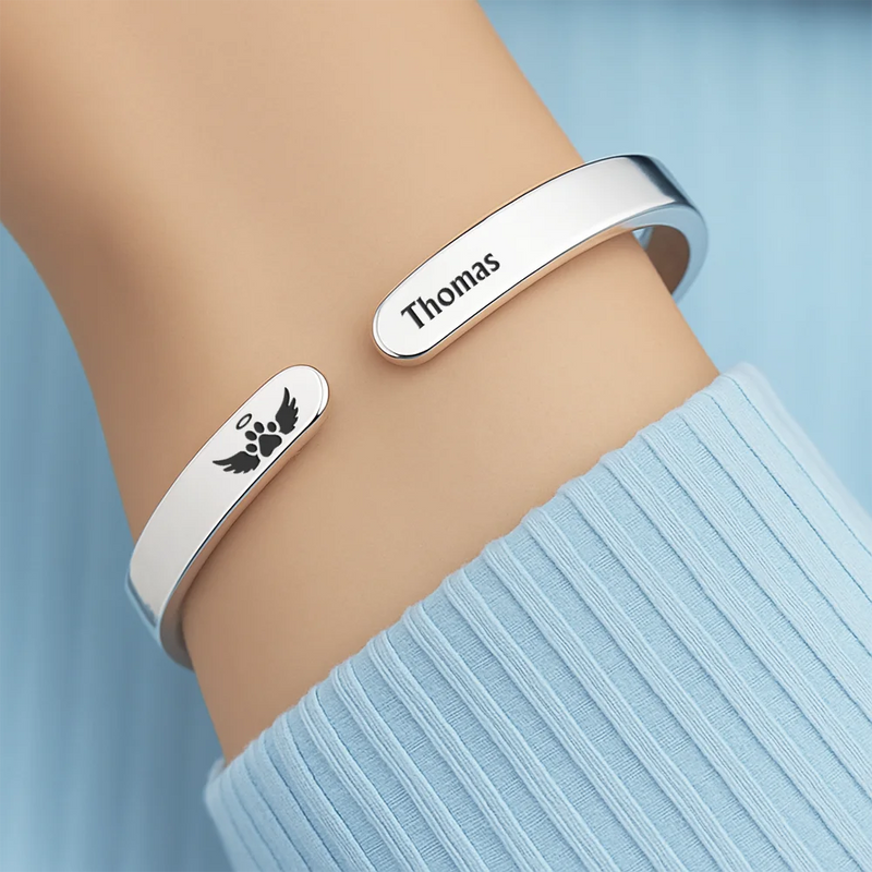 Personalized Stainless Steel Cuff Bracelet With Pet Paw Print Quote, Unique Pet Memorial Gift For Dog Lovers