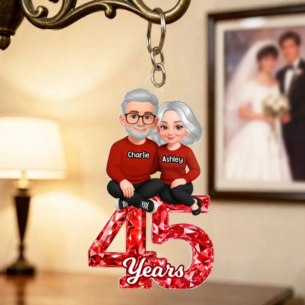 Personalized Anniversary Acrylic Keychain With Couple Illustration Red Gem Look A Unique Gift For Husband Or Wife