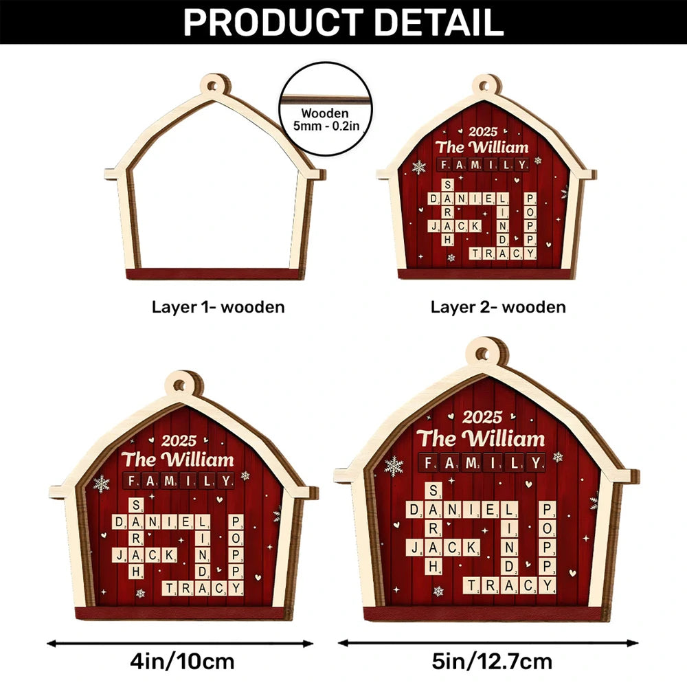 Family Crossword Barn - Personalized 2-Layered Wooden Ornament