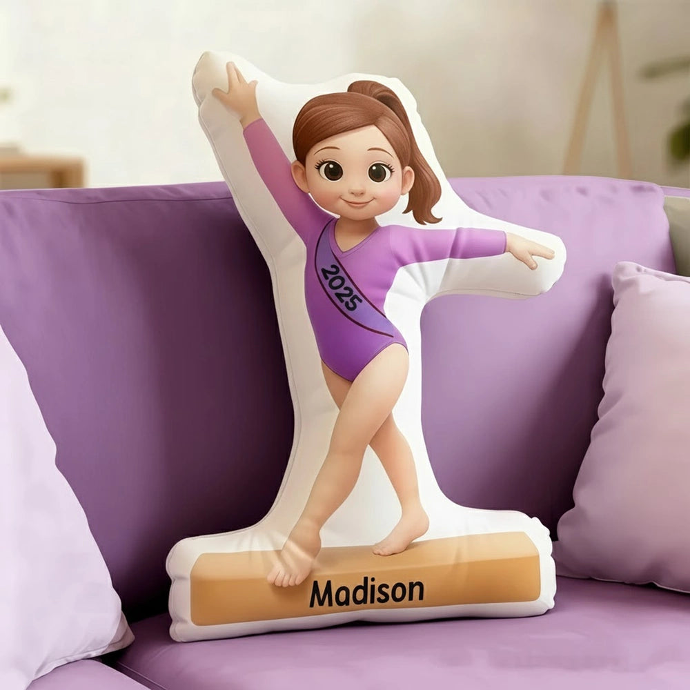 Custom Gymnastics Girl Shaped Pillow with Initial Design – Adorable Kids Shaped Pillow for Bedroom Decor, Cozy Support & Creative Gift Idea