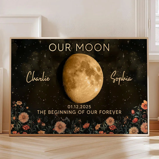 Personalized Moon Phase Poster Night Sky Floral Wall Art Unique Gift for Couple - Our Moon Keepsake Decor