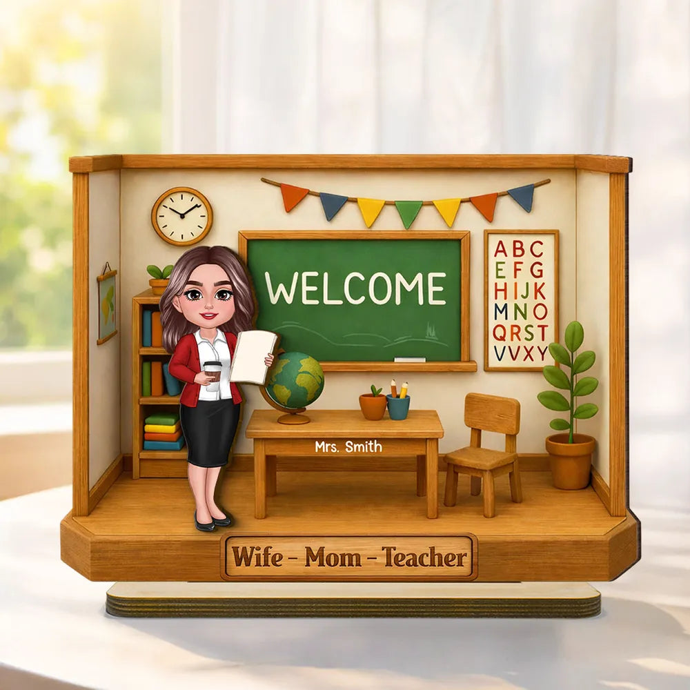 Personalized 2-Layer Wooden Plaque, Classroom Welcome Teacher Scene, Unique Gift for Teacher Mom with Heartfelt Vibe