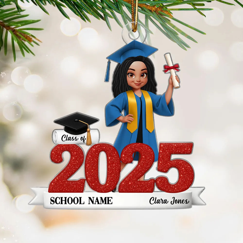 Graduation Acrylic Ornament, red glitter design with cap & diploma, celebrate achievement, perfect graduation gift keepsake