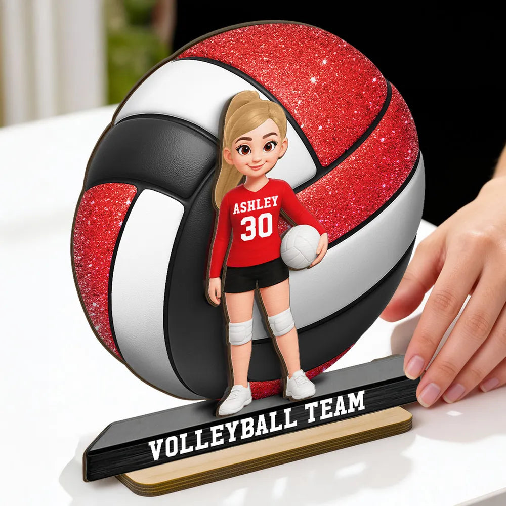 Personalized 2-Layer Wooden Plaque Volleyball Player in Gym - Unique Team Gift with Bold Sparkle Look
