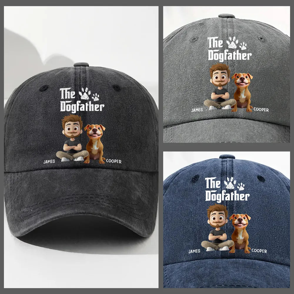 The Dogfather Baseball Cap – washed denim with fun dog dad graphic, casual adjustable fit, perfect gift for dog lovers