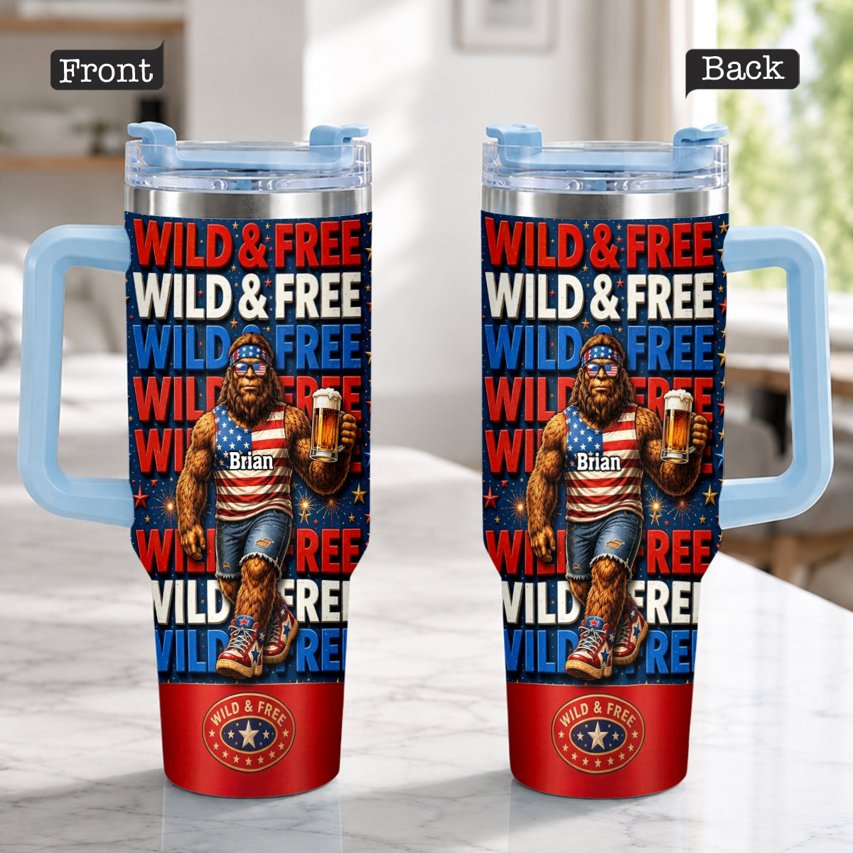 4th of July, Bigfoot Independence Day - Personalized Bigfoot Tumbler With Handle