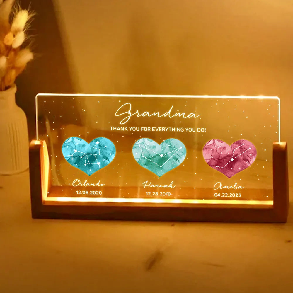 Grandma - A Heartfelt Thank You – LED Light Frame with Custom Heart Designs and Family Birthdays – Perfect Personalized Gift for Grandmothers