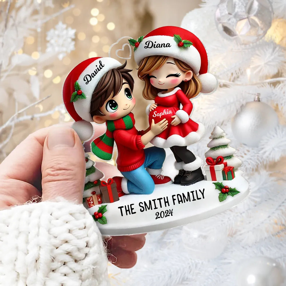 Christmas Acrylic Ornament - Expecting Couple with Santa Hats, Baby-Bump Moment, Festive Keepsake, a Unique Gift for New Mom & Dad