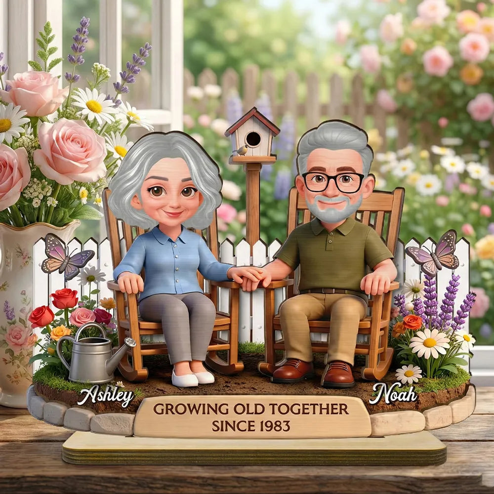 Personalized 2-Layer Wooden Plaque with Couple in Garden Rocking Chairs, Growing Old Together Unique Gift for Husband or Wife