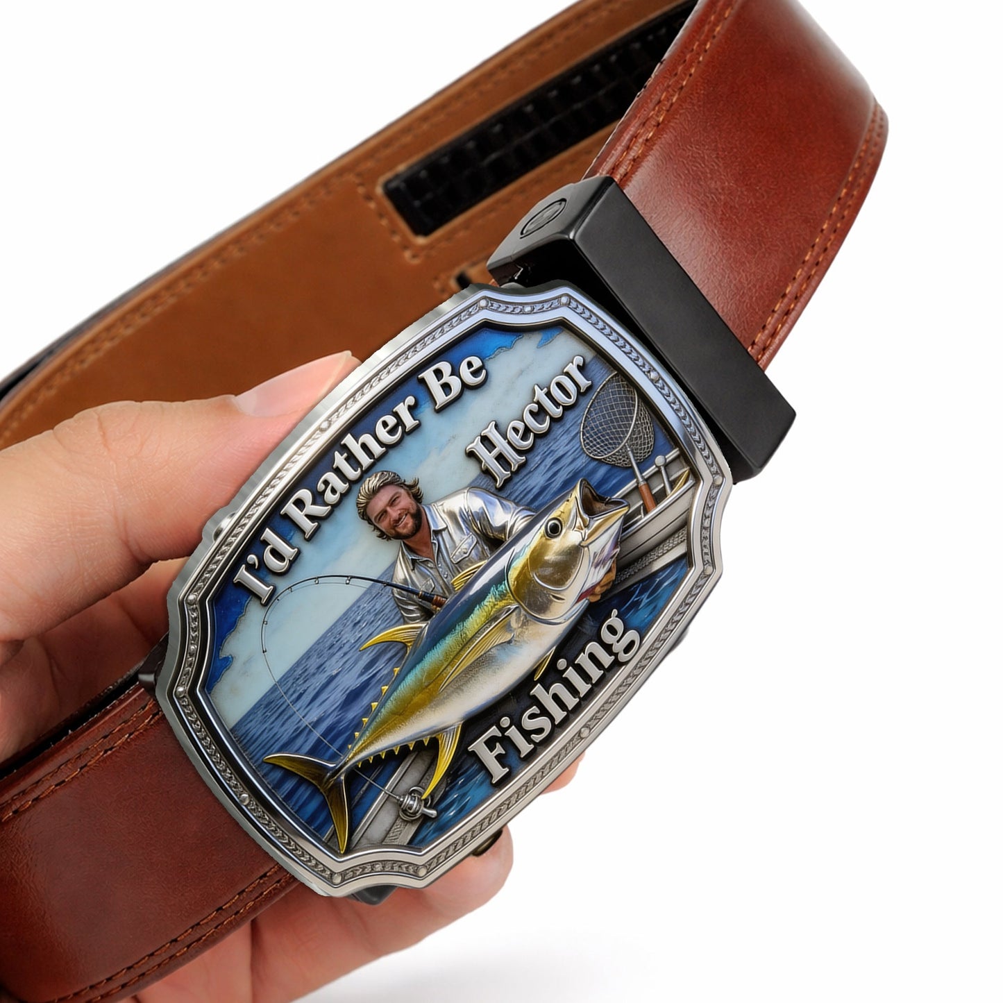 I'd Rather Be Fishing - Personalized Fishing Leather Belt With Shaped Buckle