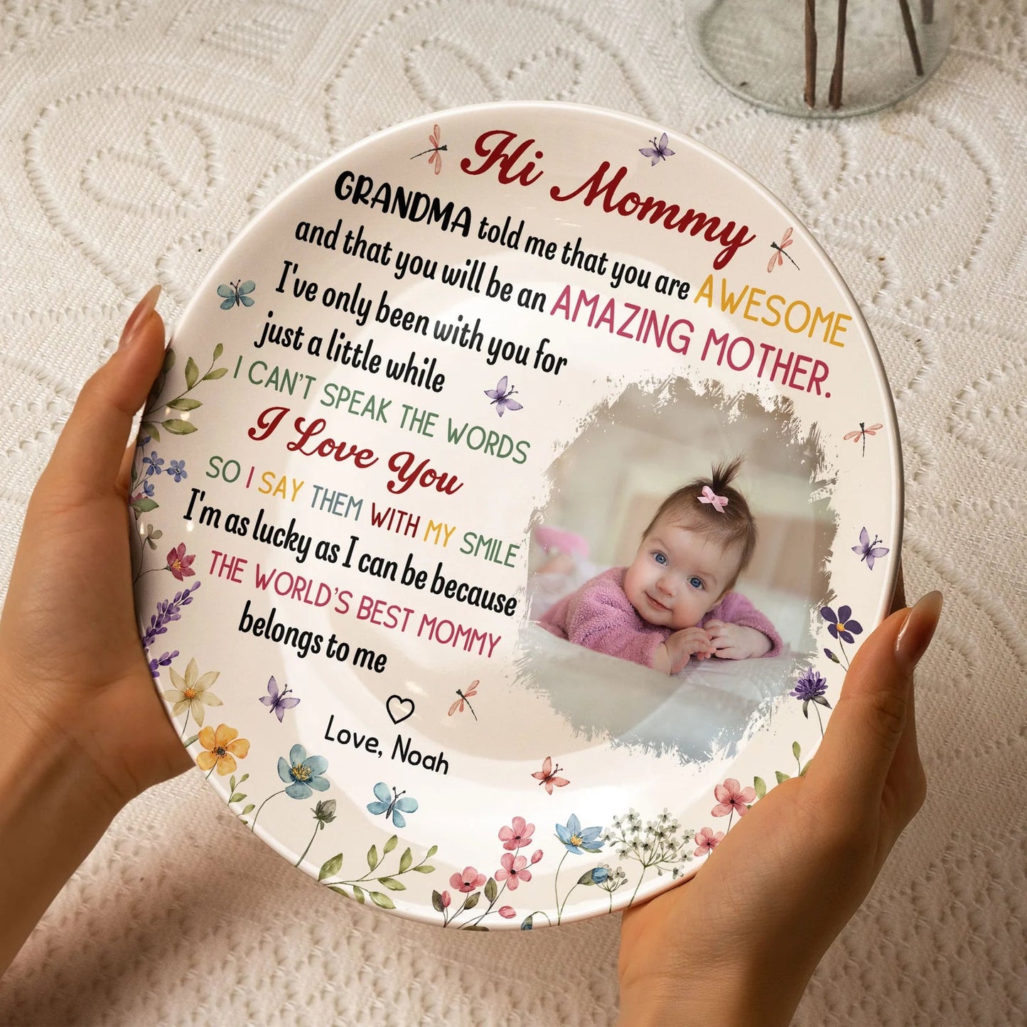 Bone China Plaque with Baby Photo and Heartfelt Mom Message, Soft Floral Table Accent and Wall Decor, Thoughtful Gift