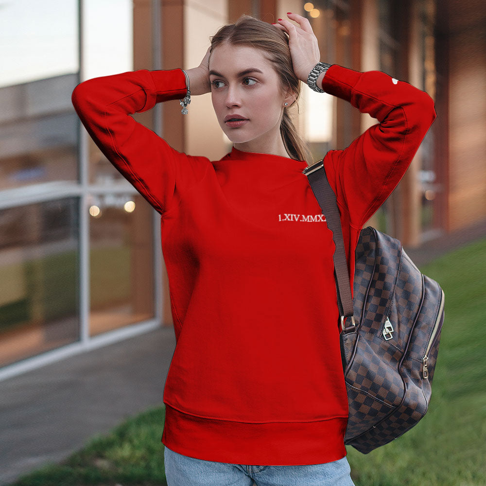 Custom Engraved Embroidery Round Neck Roman Numeral Date - Personalized Couple Sweatshirt